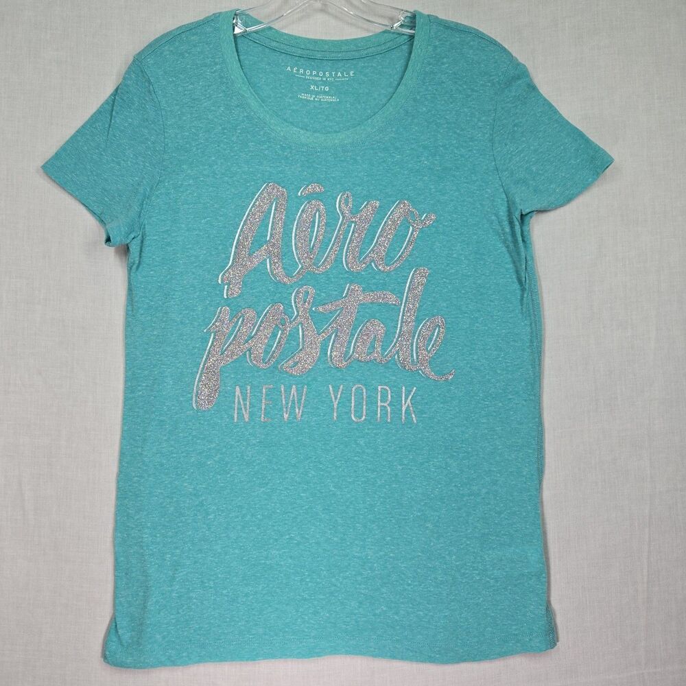 Aeropostale Turquoise Blue T-Shirt Glitter Spellout Logo Women's XL Short Sleeve